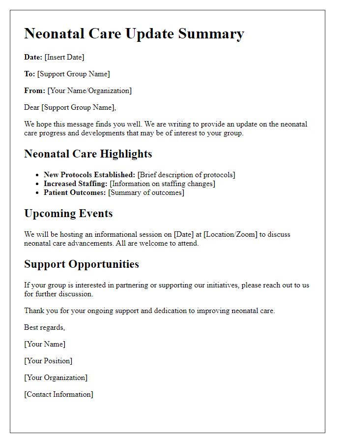 Letter template of neonatal care update summary for support groups.