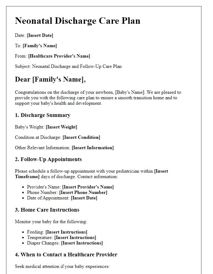 Letter template of neonatal discharge care plan for follow-up.