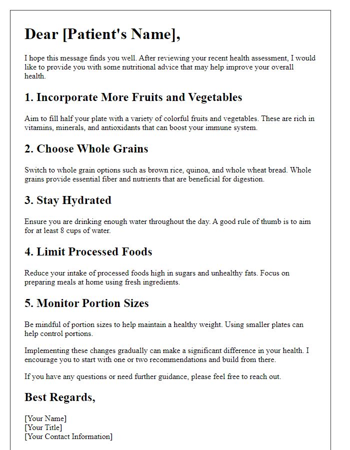 Letter template of nutritional advice for improving patient health