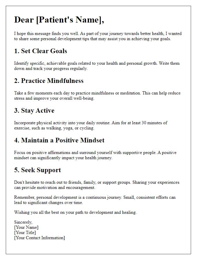 Letter template of personal development tips for patients