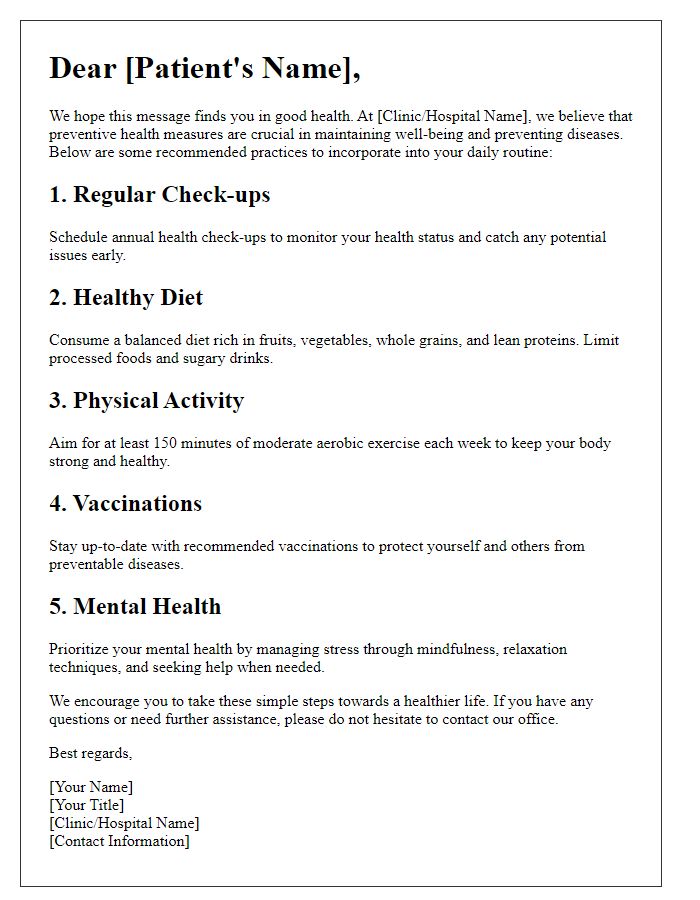 Letter template of preventive health practices for patients