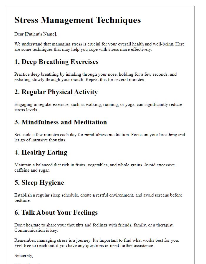 Letter template of stress management techniques for patients