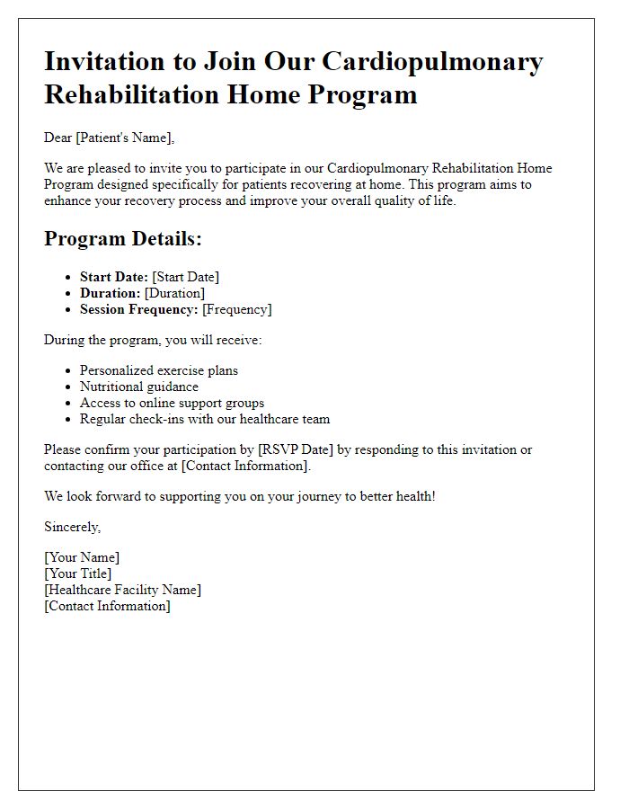 Letter template of cardiopulmonary rehabilitation home program invitation for at-home patients.