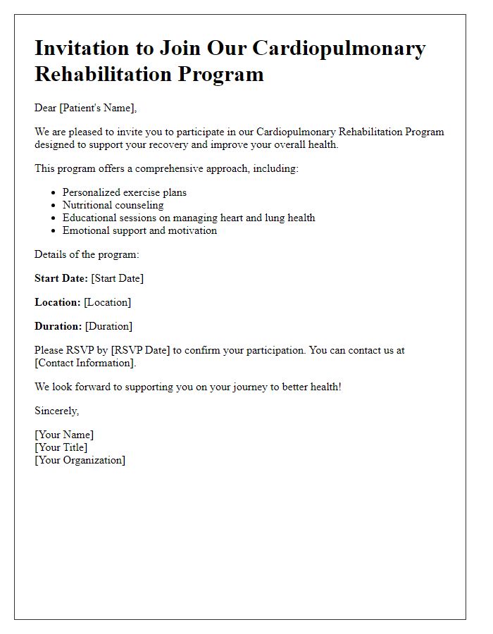 Letter template of cardiopulmonary rehabilitation program invitation for patients.