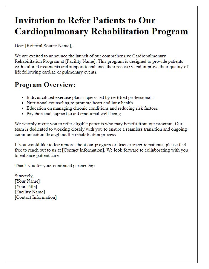 Letter template of cardiopulmonary rehabilitation program overview invitation for referral sources.