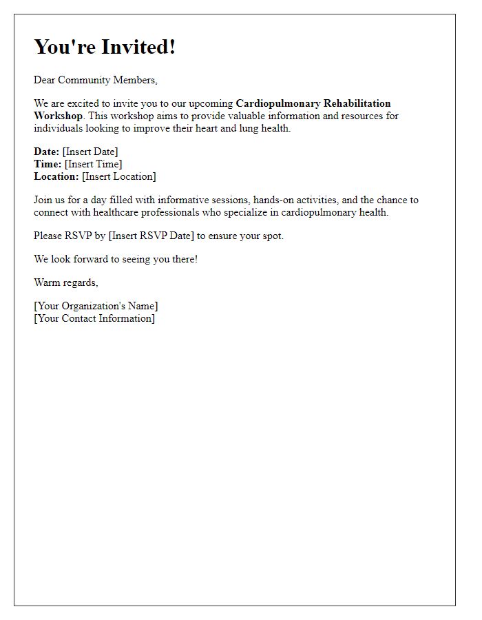 Letter template of cardiopulmonary rehabilitation workshop invitation for community members.