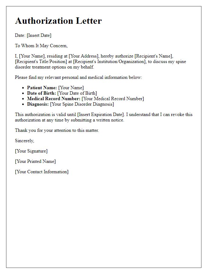 Letter template of authorization for spine disorder treatment discussion