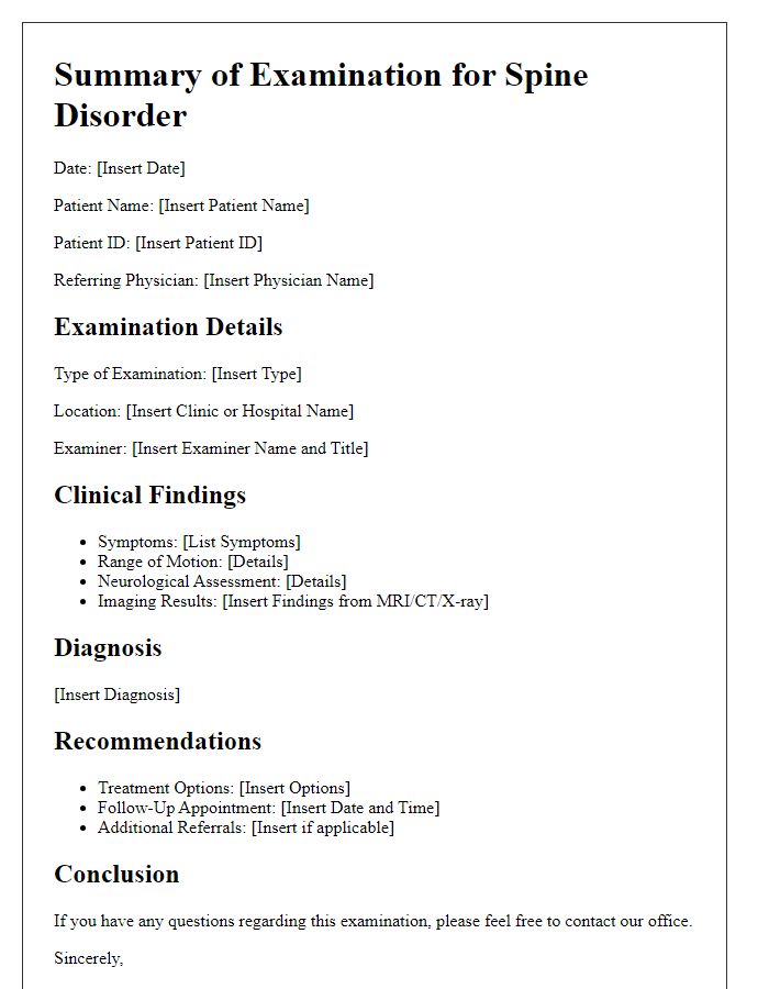 Letter template of summary for spine disorder examination