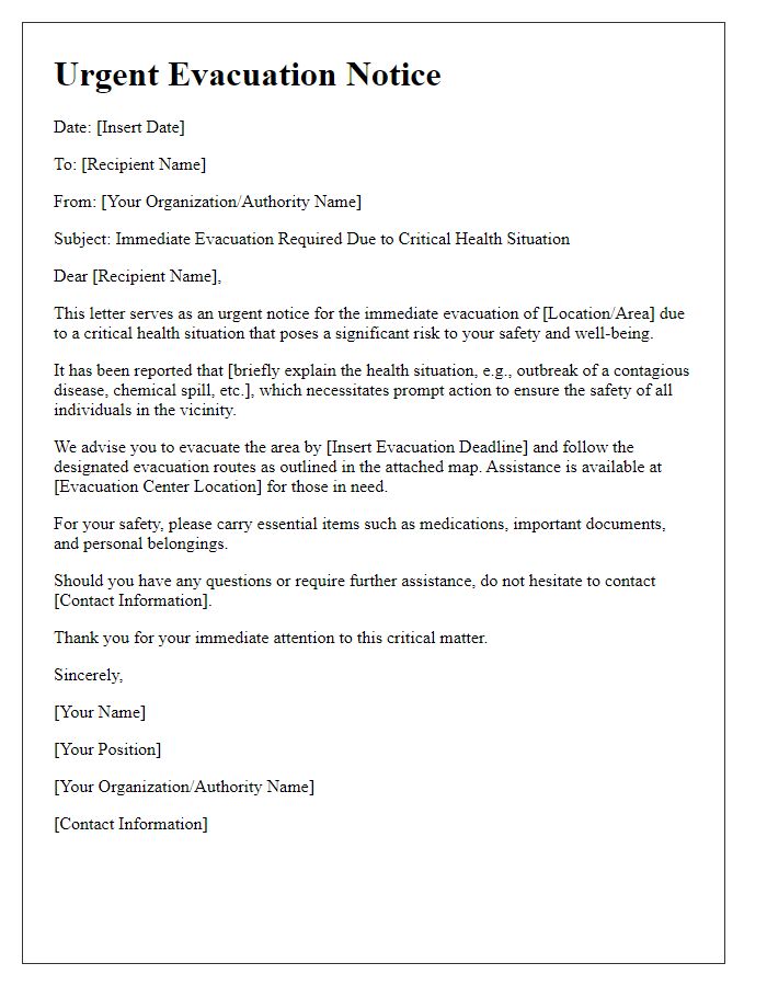 Letter template of critical health situation evacuation notice.