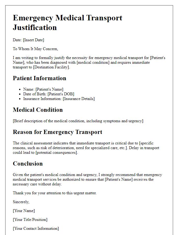 Letter template of emergency medical transport justification.