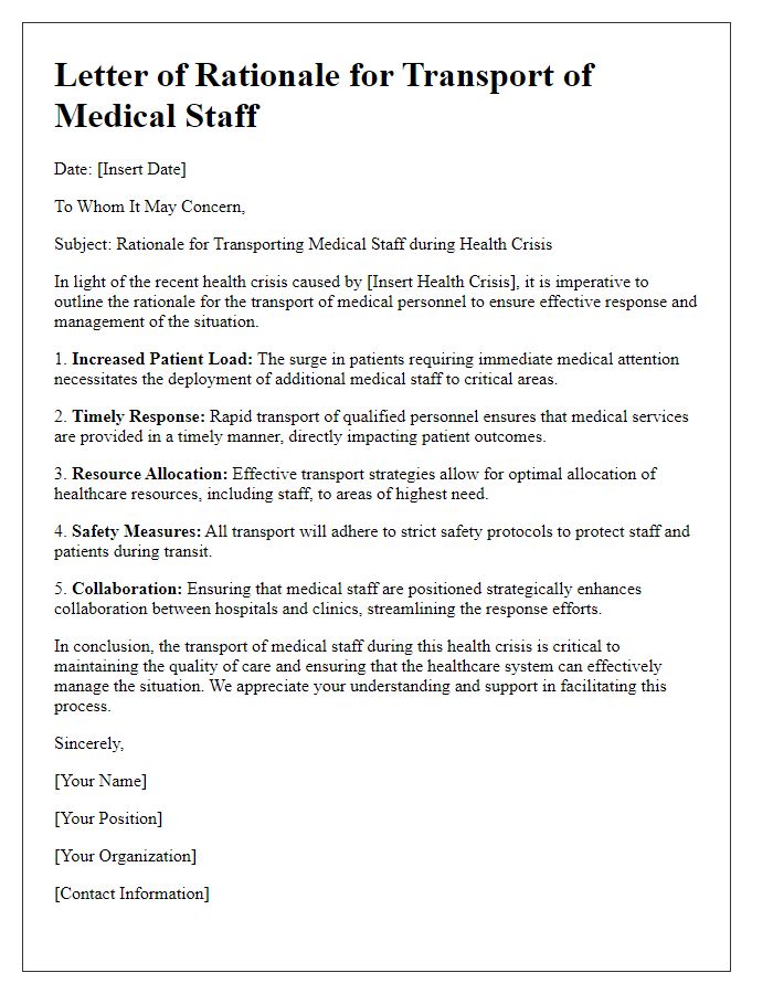 Letter template of health crisis transport rationale for medical staff.