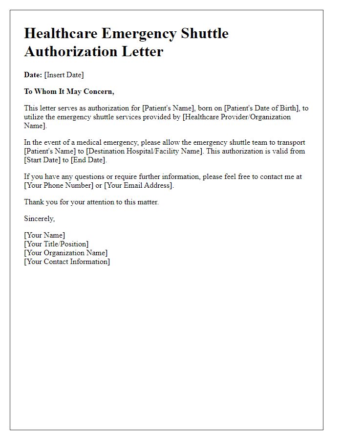 Letter template of healthcare emergency shuttle authorization.