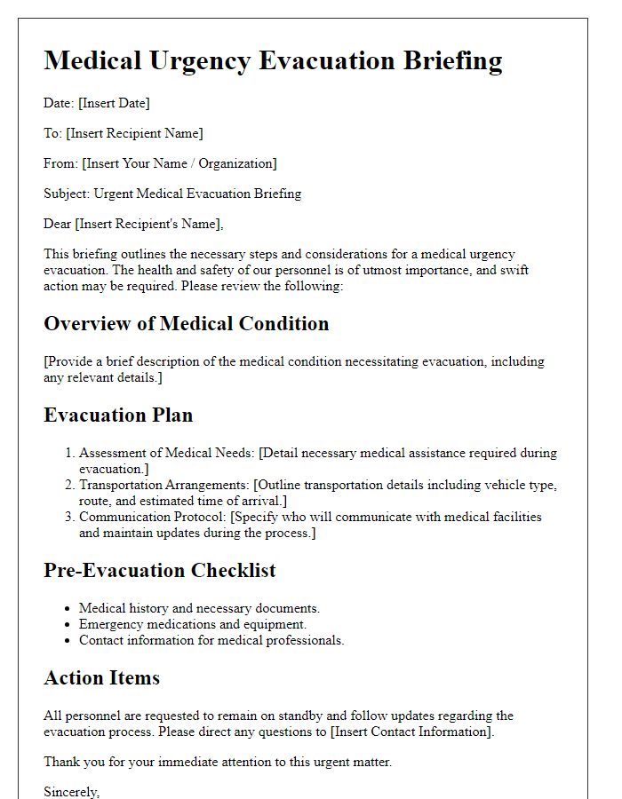 Letter template of medical urgency evacuation briefing.