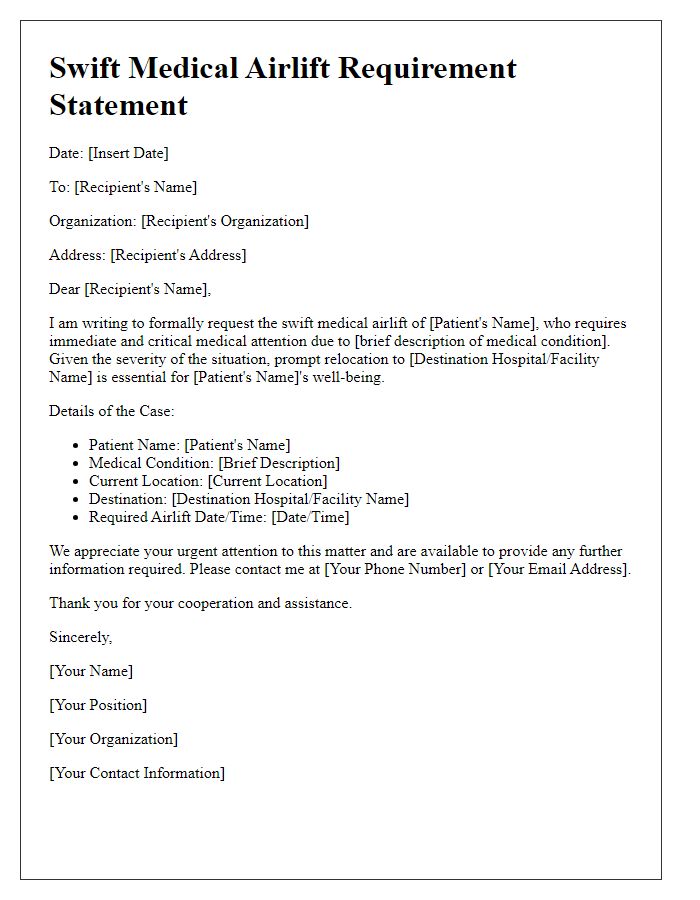 Letter template of swift medical airlift requirement statement.