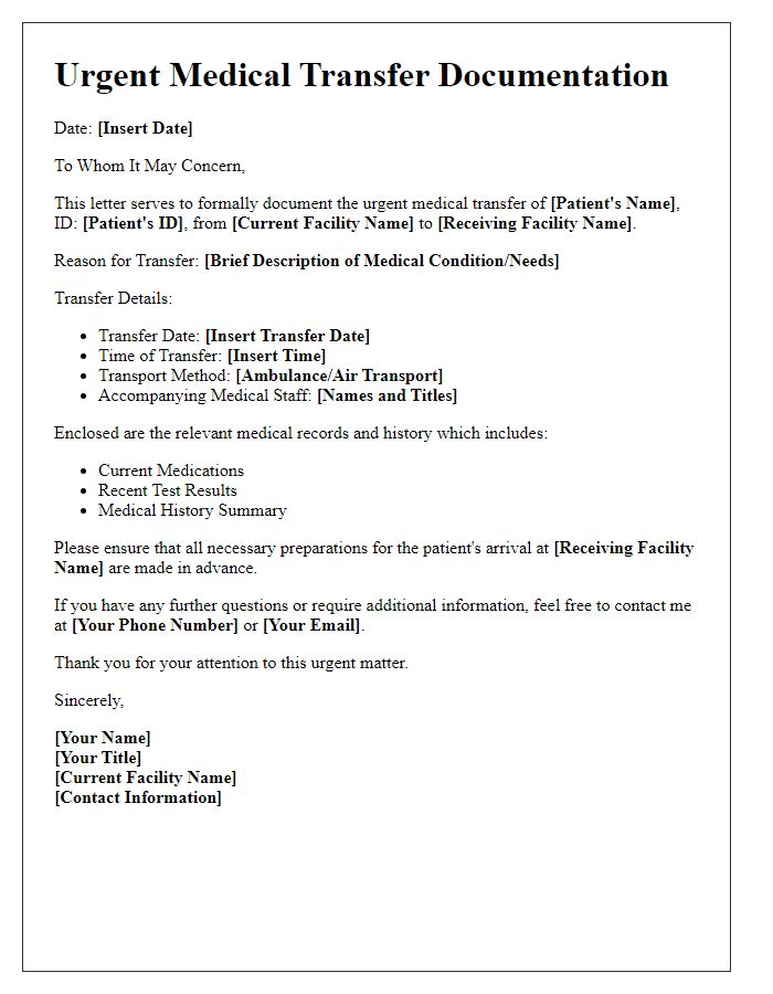 Letter template of urgent medical transfer documentation.