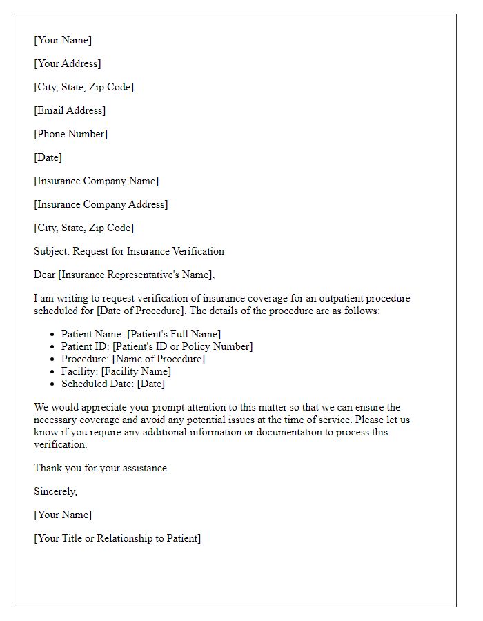 Letter template of insurance verification request for outpatient procedure scheduling