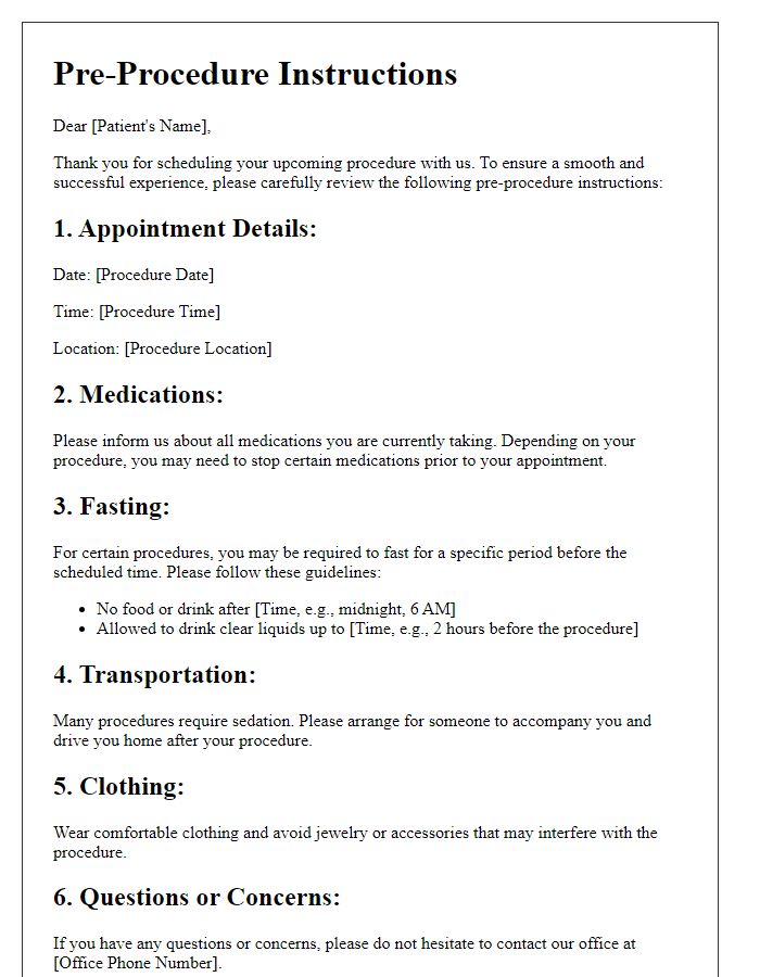 Letter template of pre-procedure instructions for outpatient scheduling