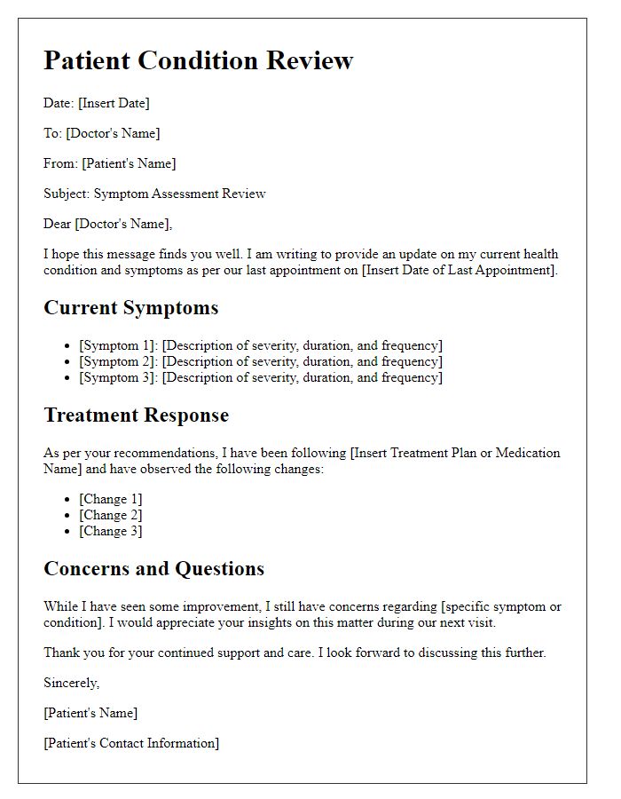 Letter template of patient condition review for symptom assessment