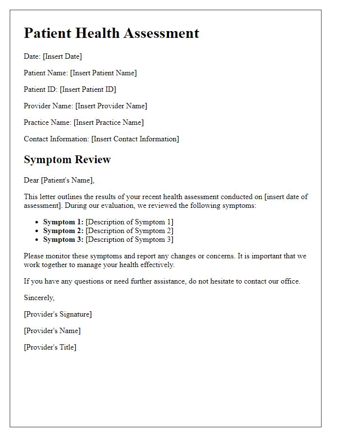 Letter template of patient health assessment for symptom review