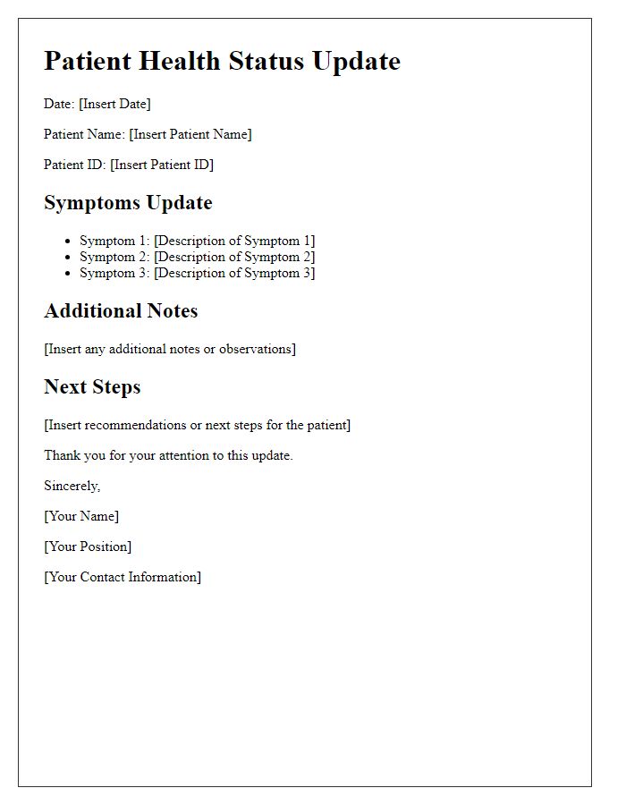 Letter template of patient health status update regarding symptoms