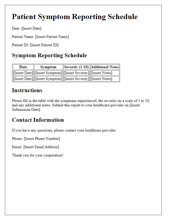 Letter template of patient symptom reporting schedule