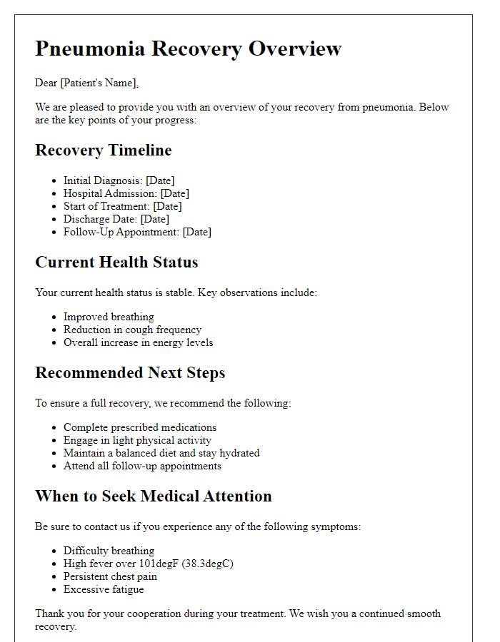 Letter template of pneumonia recovery overview