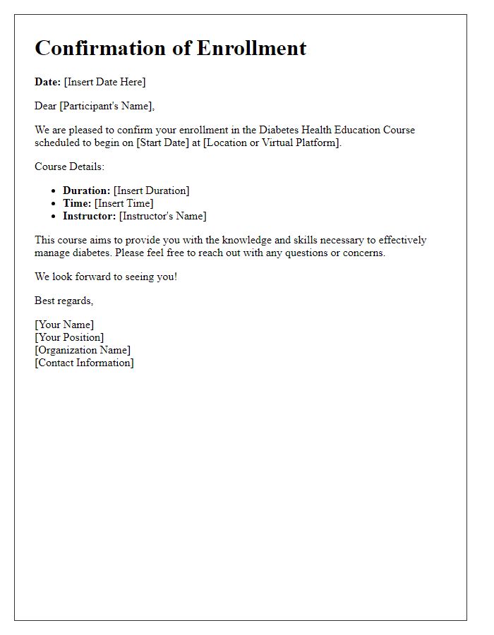 Letter template of confirmation for diabetes health education course