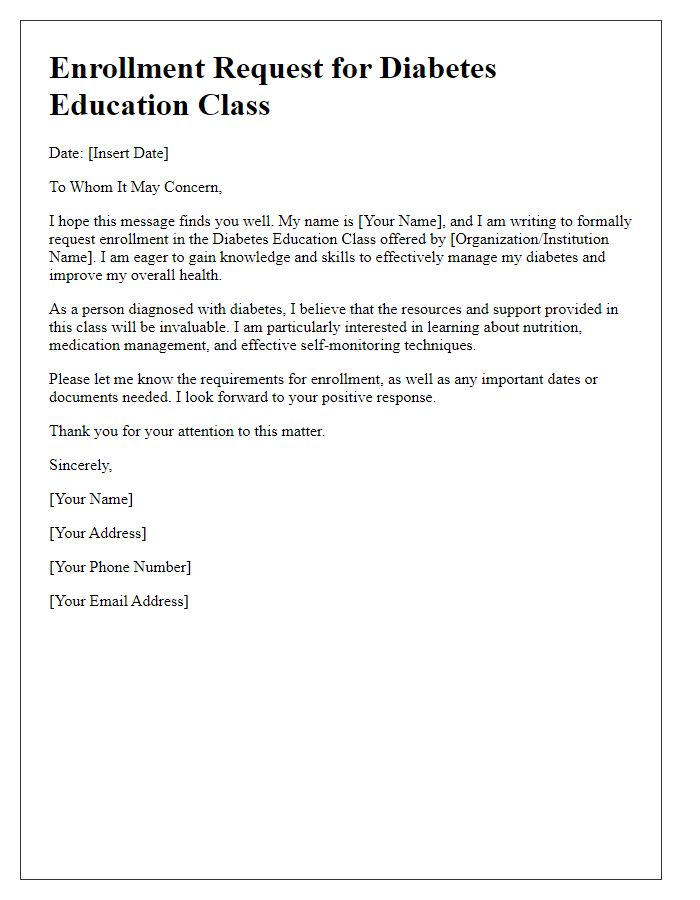 Letter template of enrollment request for diabetes education class