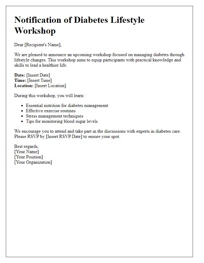 Letter template of notification for diabetes lifestyle workshop