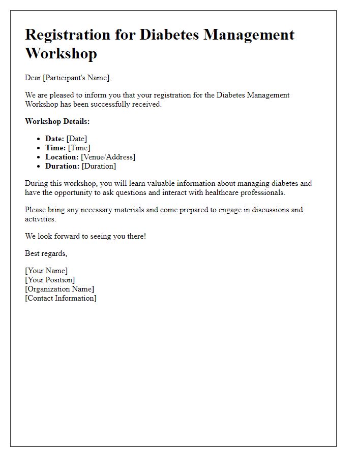 Letter template of registration for diabetes management workshop