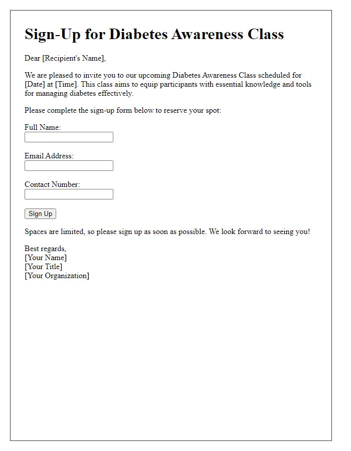 Letter template of sign-up for diabetes awareness class
