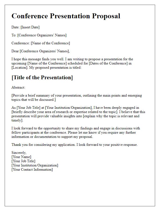 Letter template of conference presentation proposal for emerging topics.