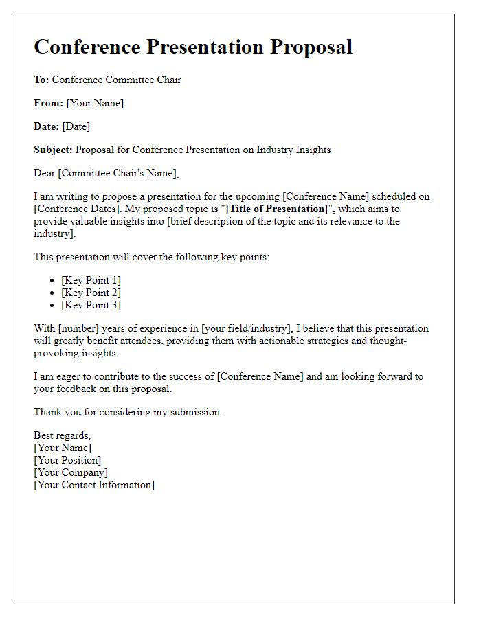 Letter template of conference presentation proposal for industry insights.