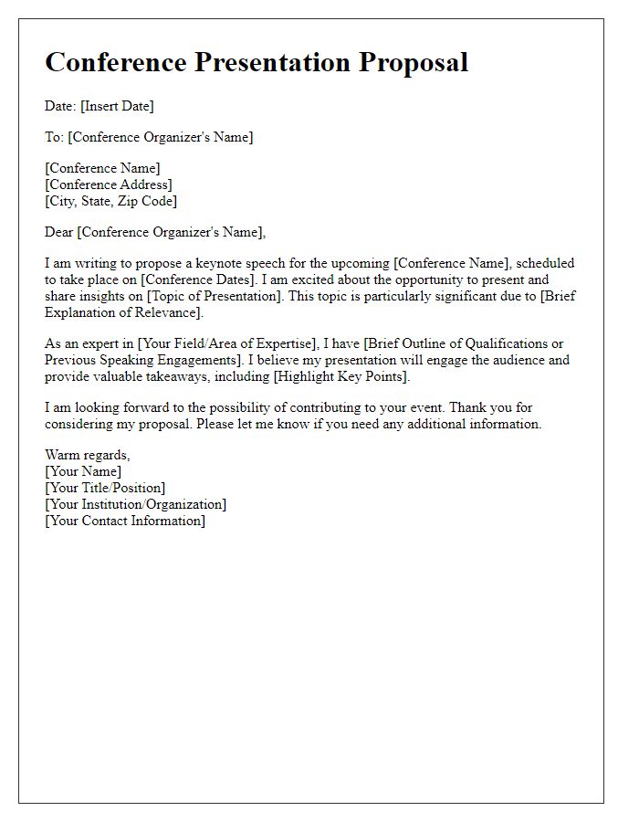 Letter template of conference presentation proposal for keynote speech.