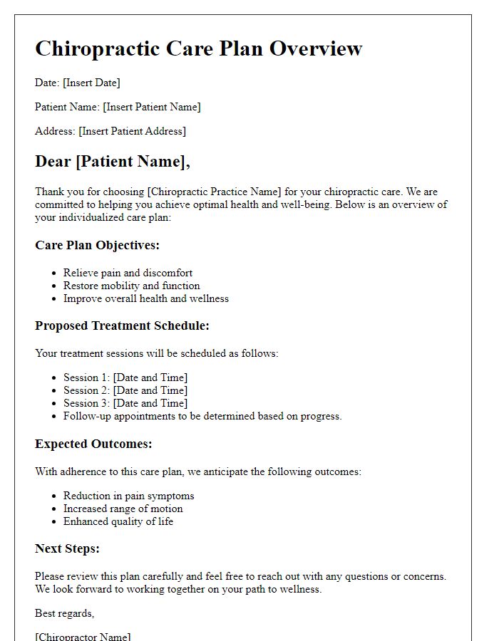 Letter template of chiropractic care plan overview