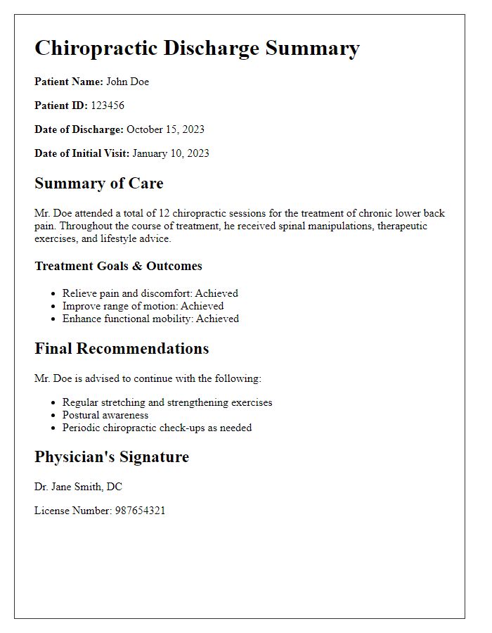 Letter template of chiropractic discharge summary