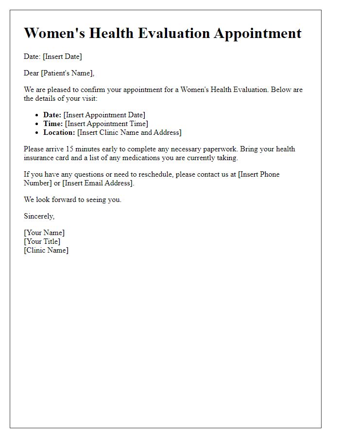 Letter template of Womens Health Evaluation Appointment