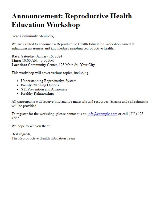 Letter template of reproductive health education workshop announcement