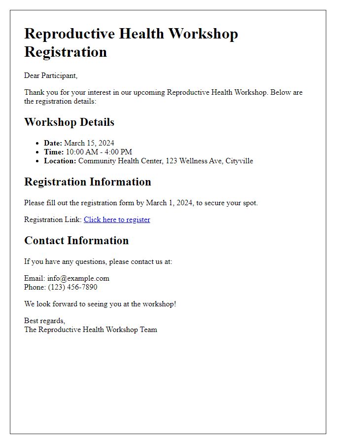 Letter template of reproductive health workshop registration details