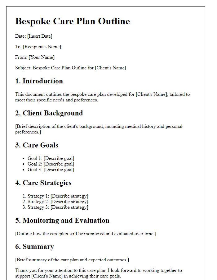 Letter template of bespoke care plan outline