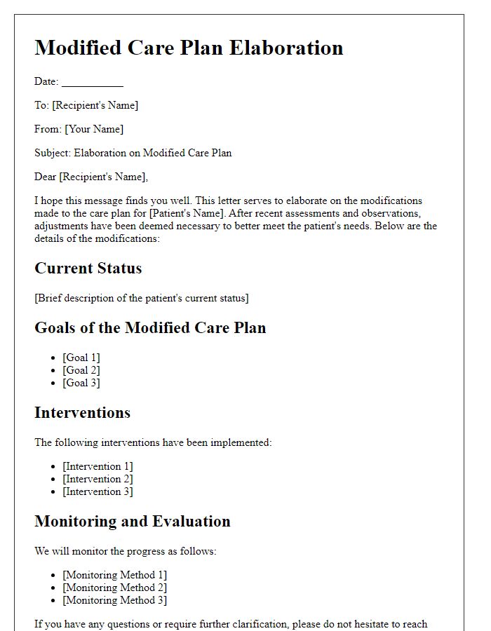 Letter template of modified care plan elaboration