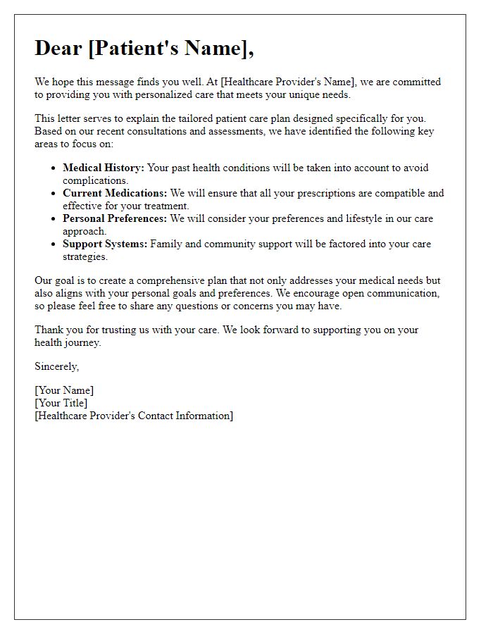 Letter template of tailored patient care explanation