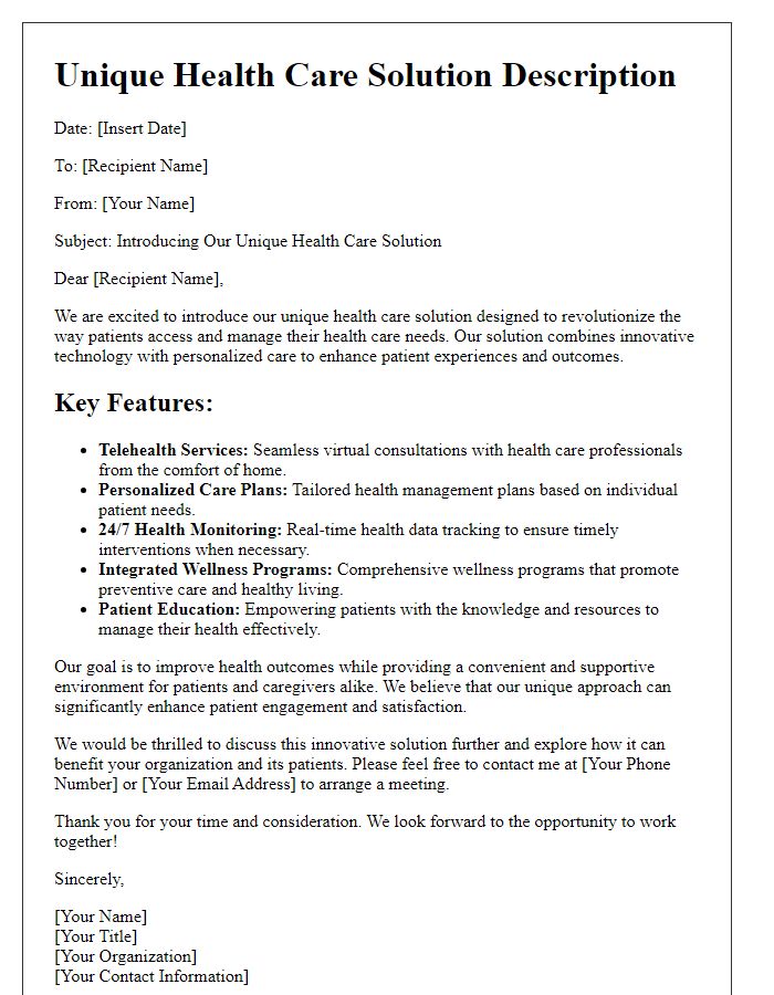 Letter template of unique health care solution description