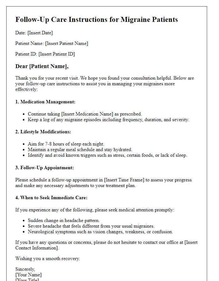 Letter template of follow-up care instructions for migraine patients.