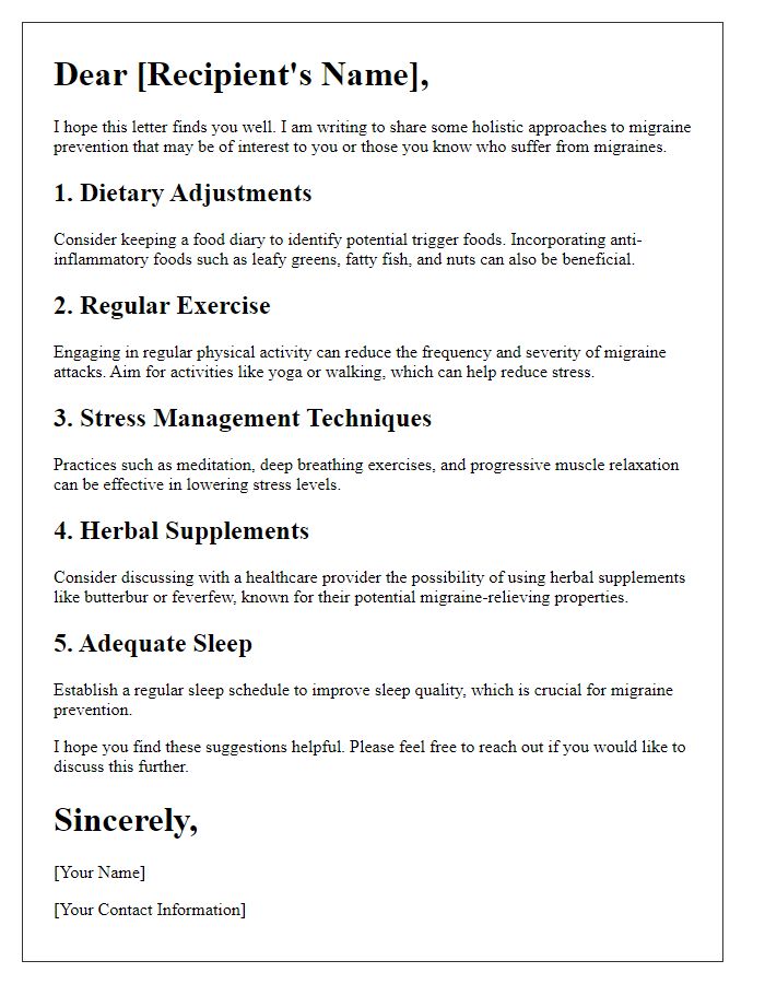 Letter template of holistic approaches to migraine prevention.