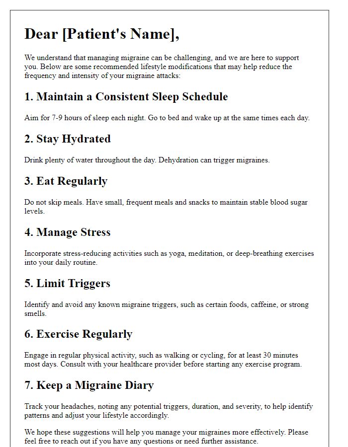 Letter template of lifestyle modifications for migraine sufferers.