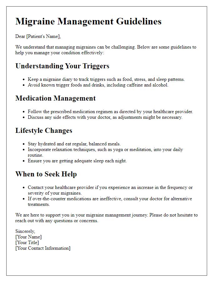 Letter template of migraine management guidelines for patients.