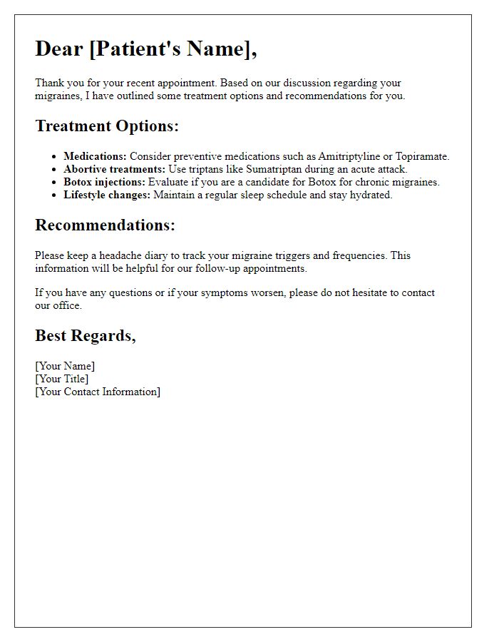 Letter template of migraine treatment options and recommendations.