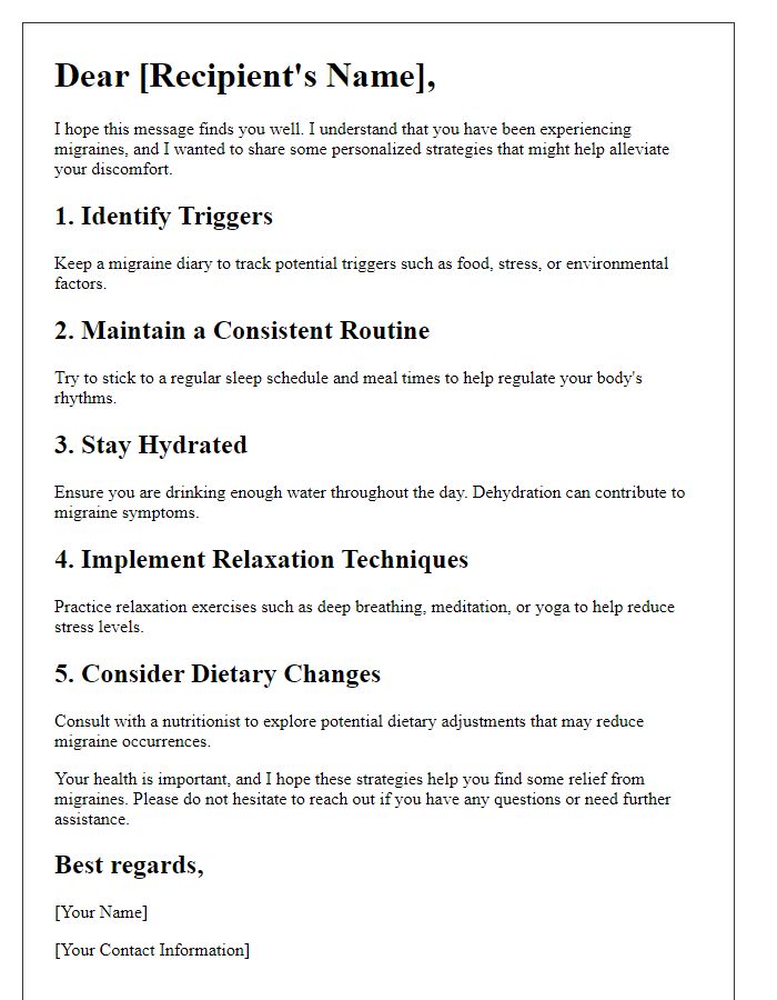 Letter template of personalized migraine relief strategies.