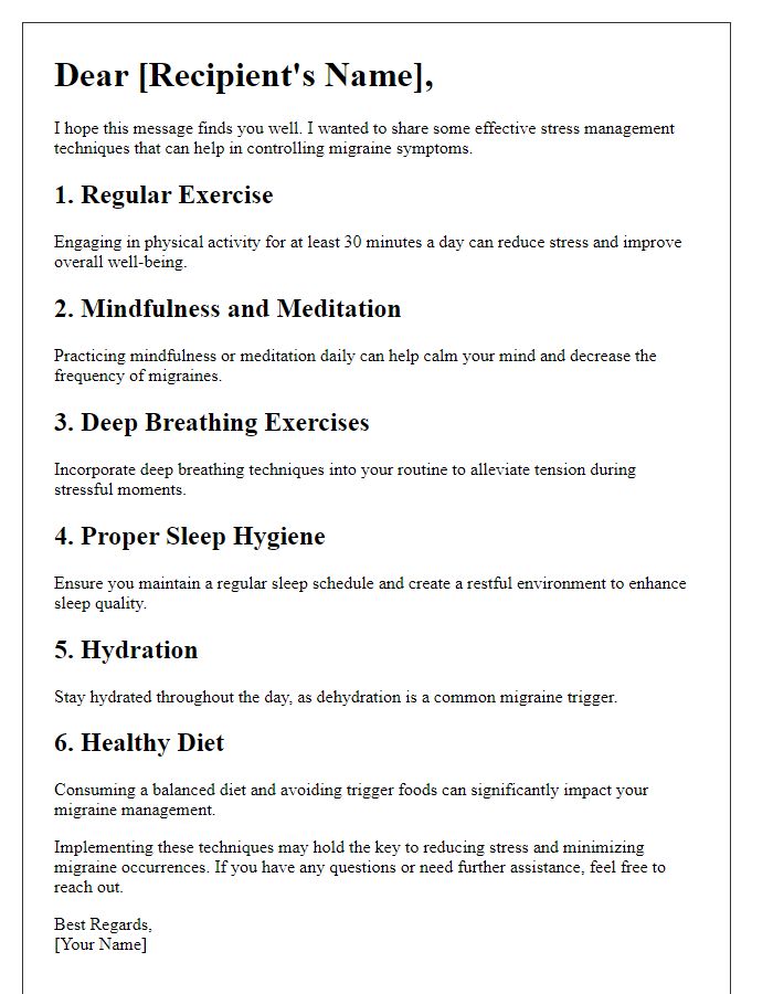 Letter template of stress management techniques for migraine control.